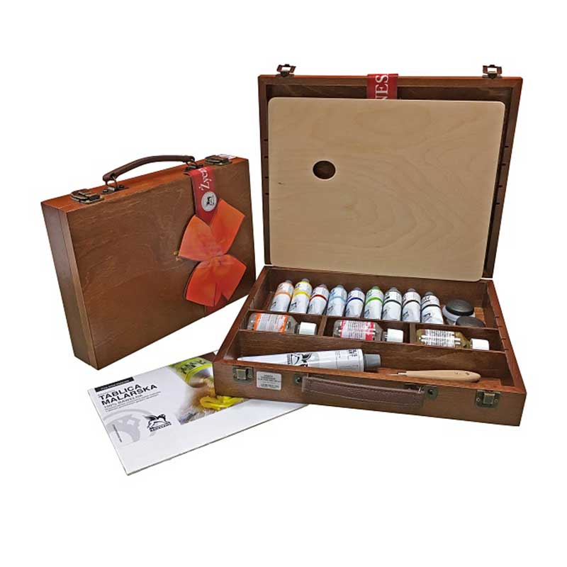 Set culori ulei 9x60ml, cutie lemn si accesorii, Renesans