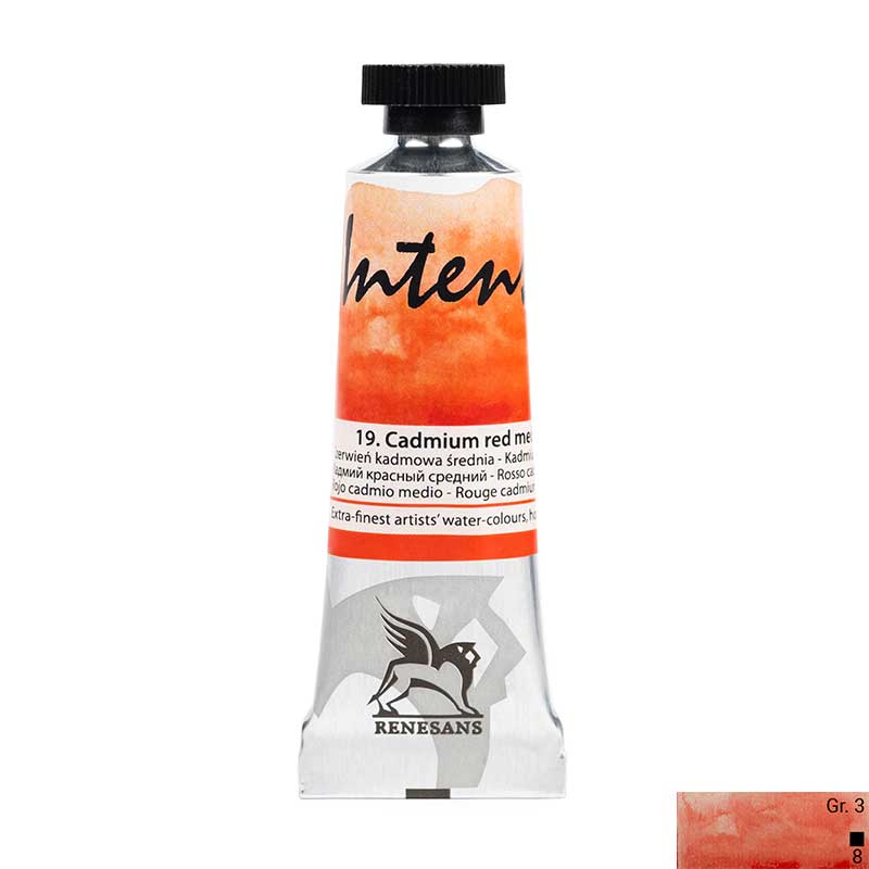 Culoare acuarela la tub, extrafina, 15ml, Intense Water, Renesans 19 Cadmium red medium
