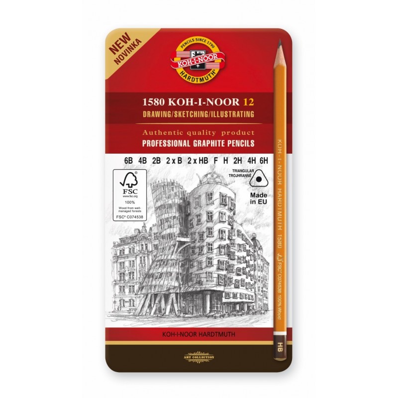 Set 12 creioane grafit triunghiulare, cutie metalica, Koh-I-Noor